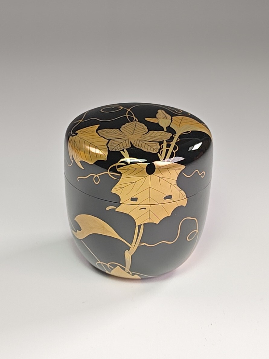 《浜村》棗『蒔絵師　蓑輪一幸』『夕顔蒔絵　中棗　共箱』茶道具　漆塗　A7_画像2