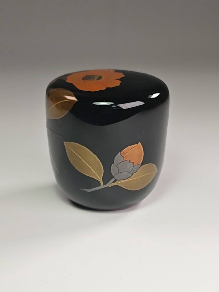 《浜村》棗『輪島塗　牧野義昭(明斎)作』『椿蒔絵　棗　共箱』茶道具　漆塗　A9_画像3