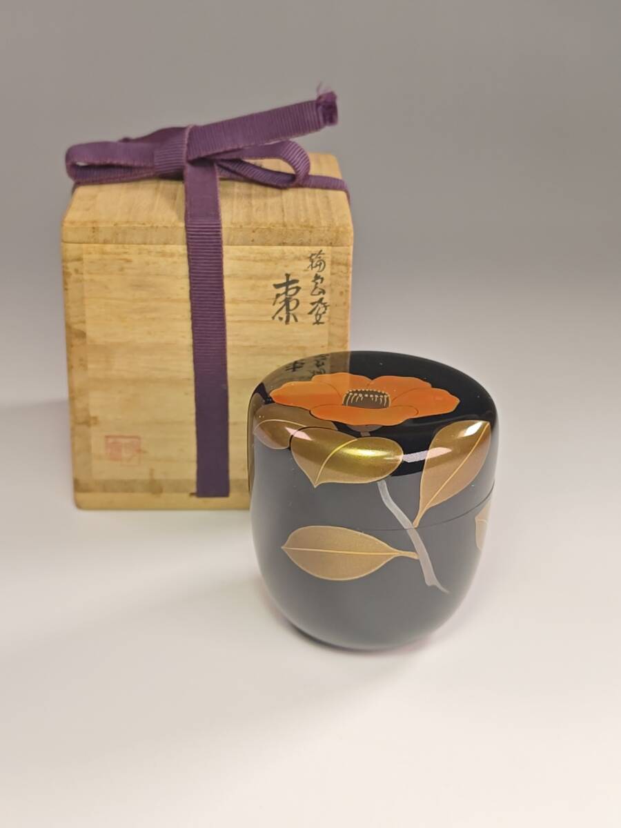 《浜村》棗『輪島塗　牧野義昭(明斎)作』『椿蒔絵　棗　共箱』茶道具　漆塗　A9_画像1