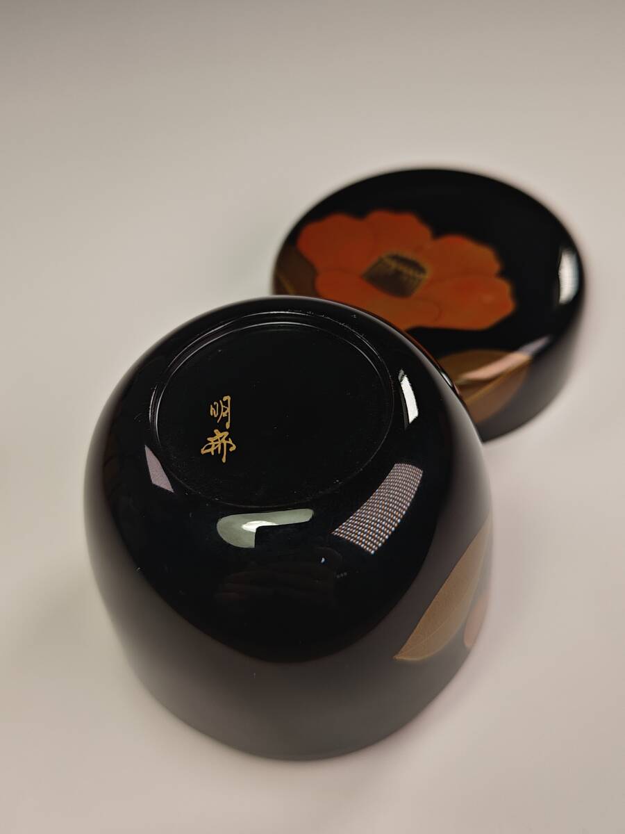 《浜村》棗『輪島塗　牧野義昭(明斎)作』『椿蒔絵　棗　共箱』茶道具　漆塗　A9_画像7