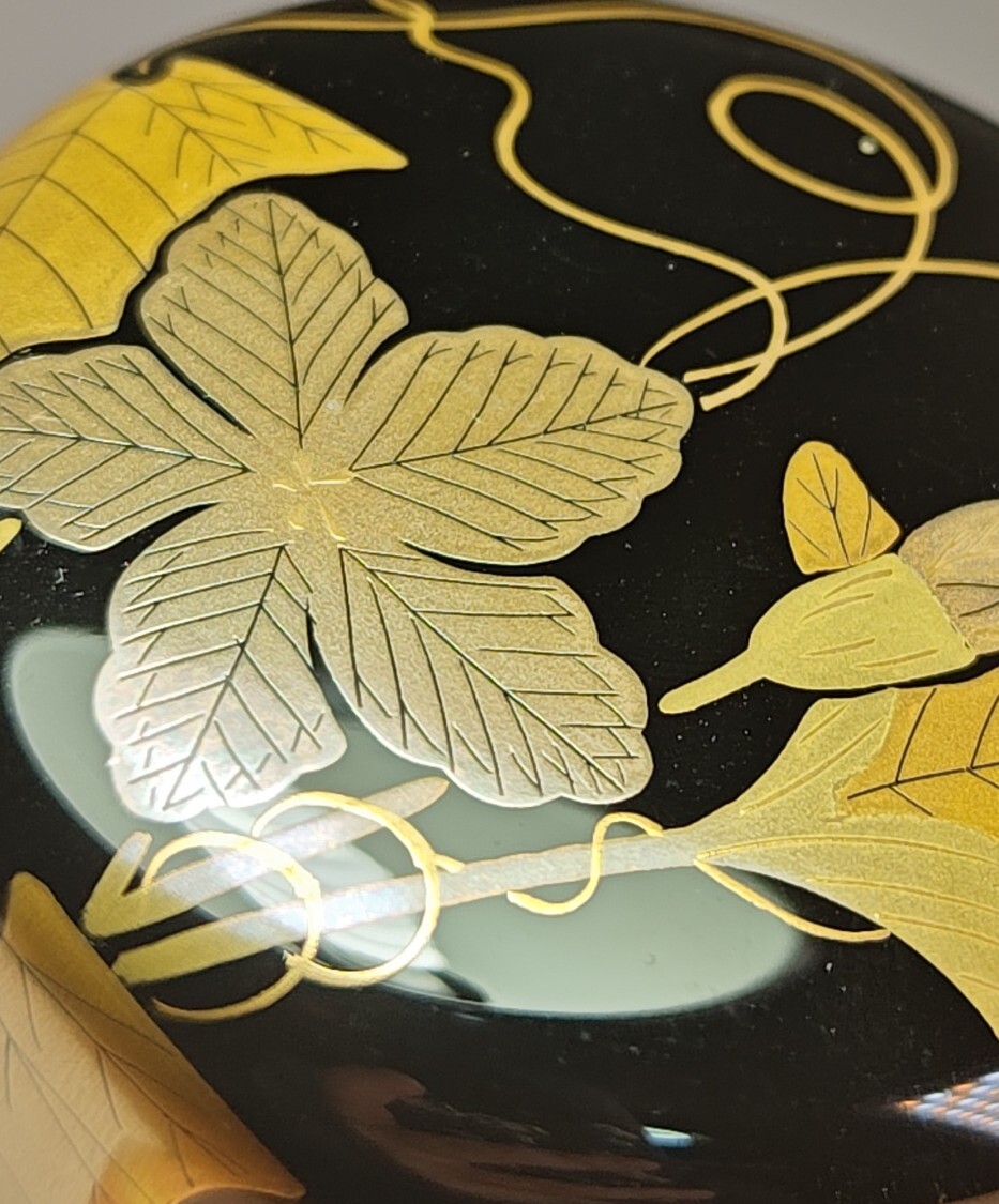 《浜村》棗『蒔絵師　蓑輪一幸』『夕顔蒔絵　中棗　共箱』茶道具　漆塗　A7_画像5