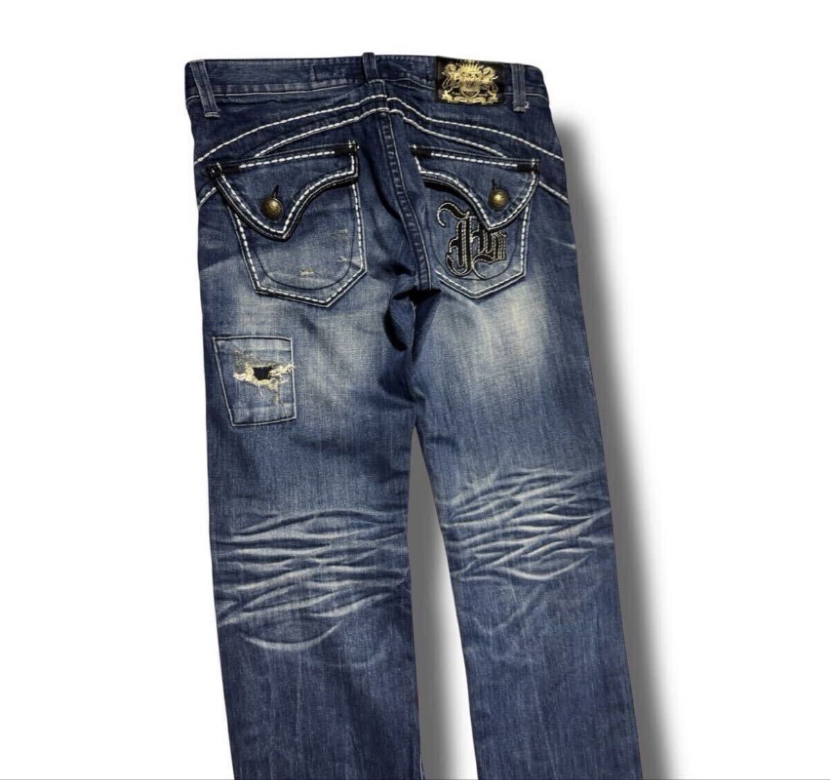 00S red pepper damaged stitch flared denim edhardy true religion Japanese Label Y2K archive opium goa kmrii lgb TORNADO MART
