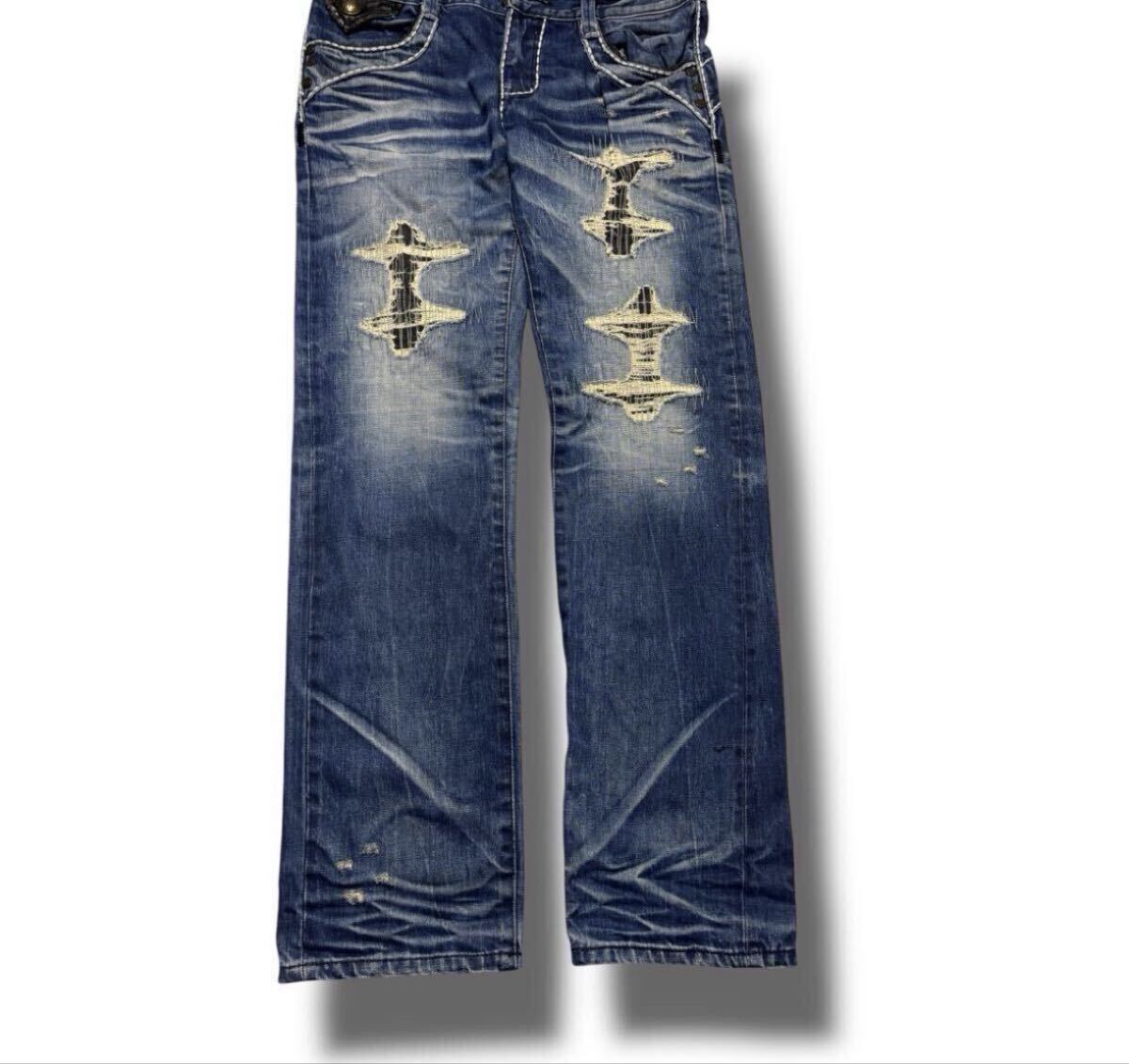 00S red pepper damaged stitch flared denim edhardy true religion Japanese Label Y2K archive opium goa kmrii lgb TORNADO MART