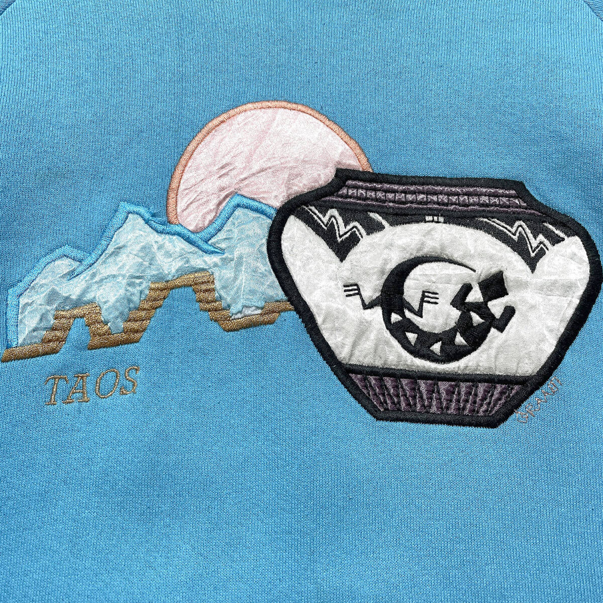 USA 古着 90S USA製 ヴィンテージ ニューメキシコ州 タオス クルーネック スウェット トレーナー メンズXL ターコイズ BD0404_画像4