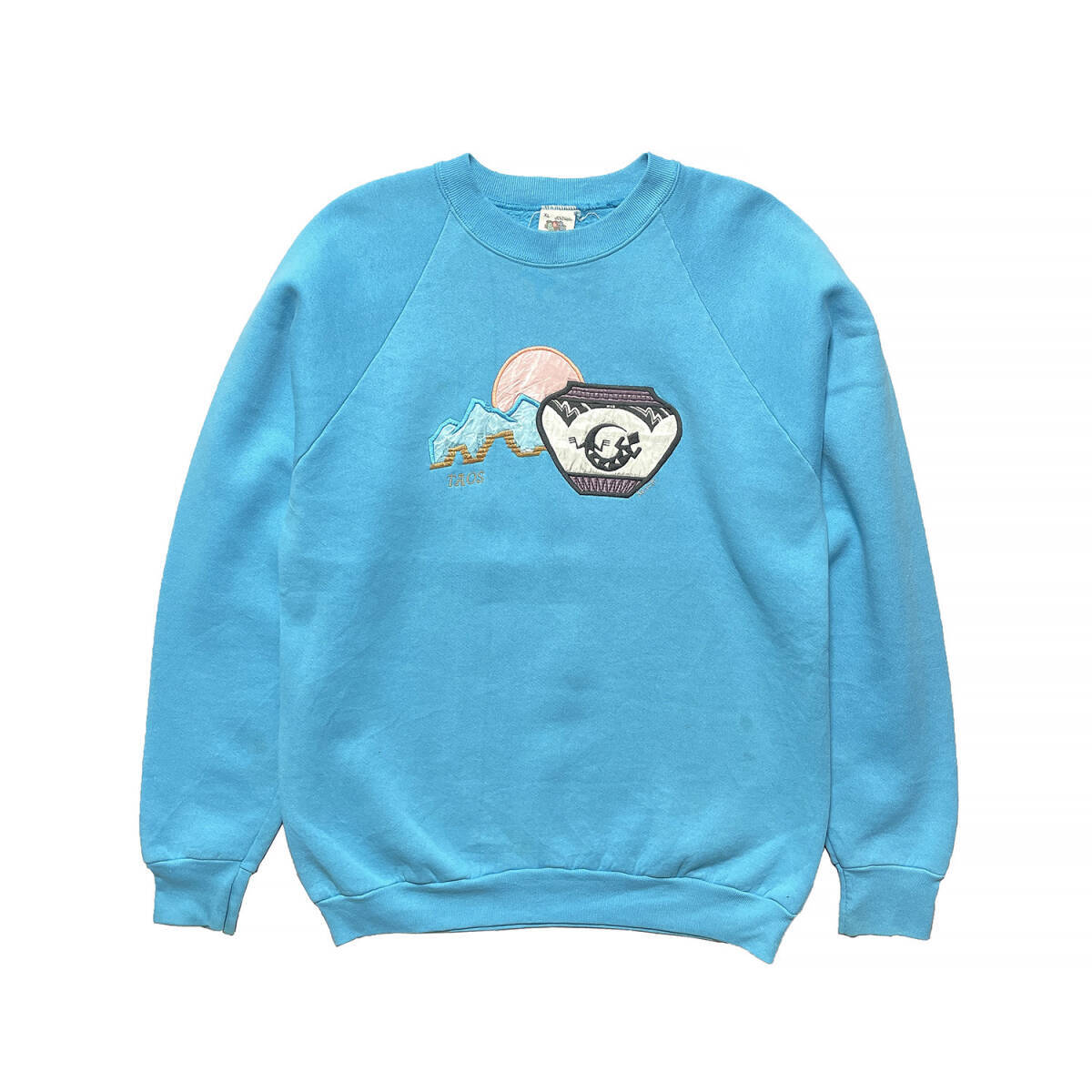 USA 古着 90S USA製 ヴィンテージ ニューメキシコ州 タオス クルーネック スウェット トレーナー メンズXL ターコイズ BD0404_画像1