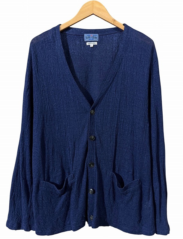 送無 日本製 BLUE BLUE JAPAN ブルーブルージャパン 700059627 麻 LINEN リネン 100% 藍染め インディゴ染め 透け感あり 総柄 カーディガン_画像2