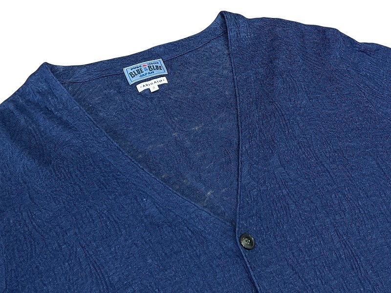 送無 日本製 BLUE BLUE JAPAN ブルーブルージャパン 700059627 麻 LINEN リネン 100% 藍染め インディゴ染め 透け感あり 総柄 カーディガン_画像4