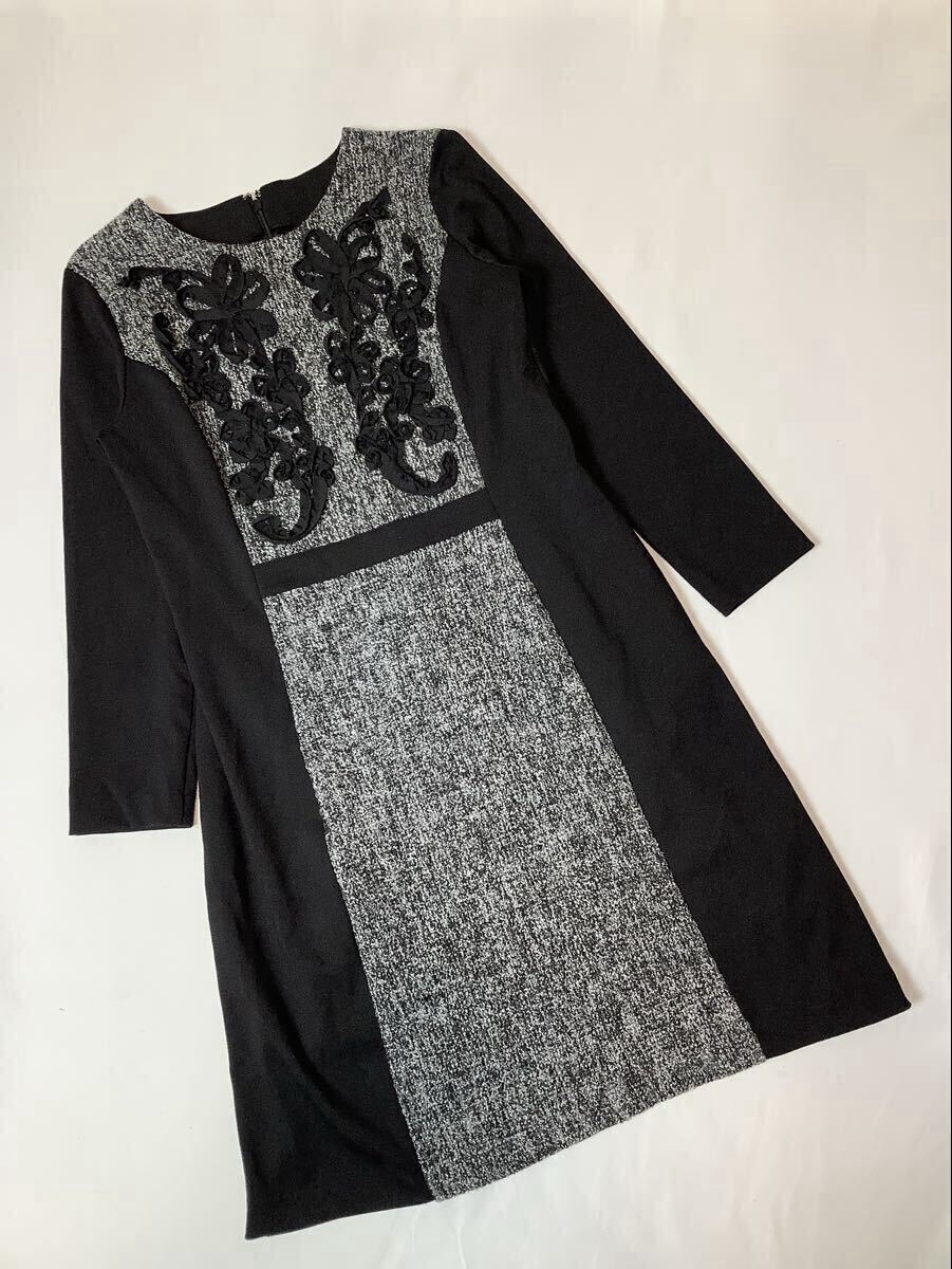 (レディース) NbyA // 長袖 ツイード切替 ジャージー 膝丈 ワンピース・サイズ 11 (L)_画像7