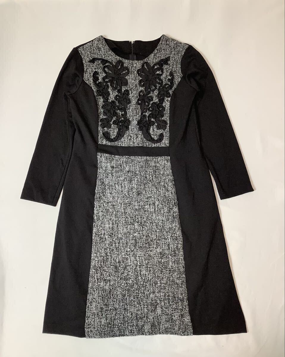 (レディース) NbyA // 長袖 ツイード切替 ジャージー 膝丈 ワンピース・サイズ 11 (L)_画像1