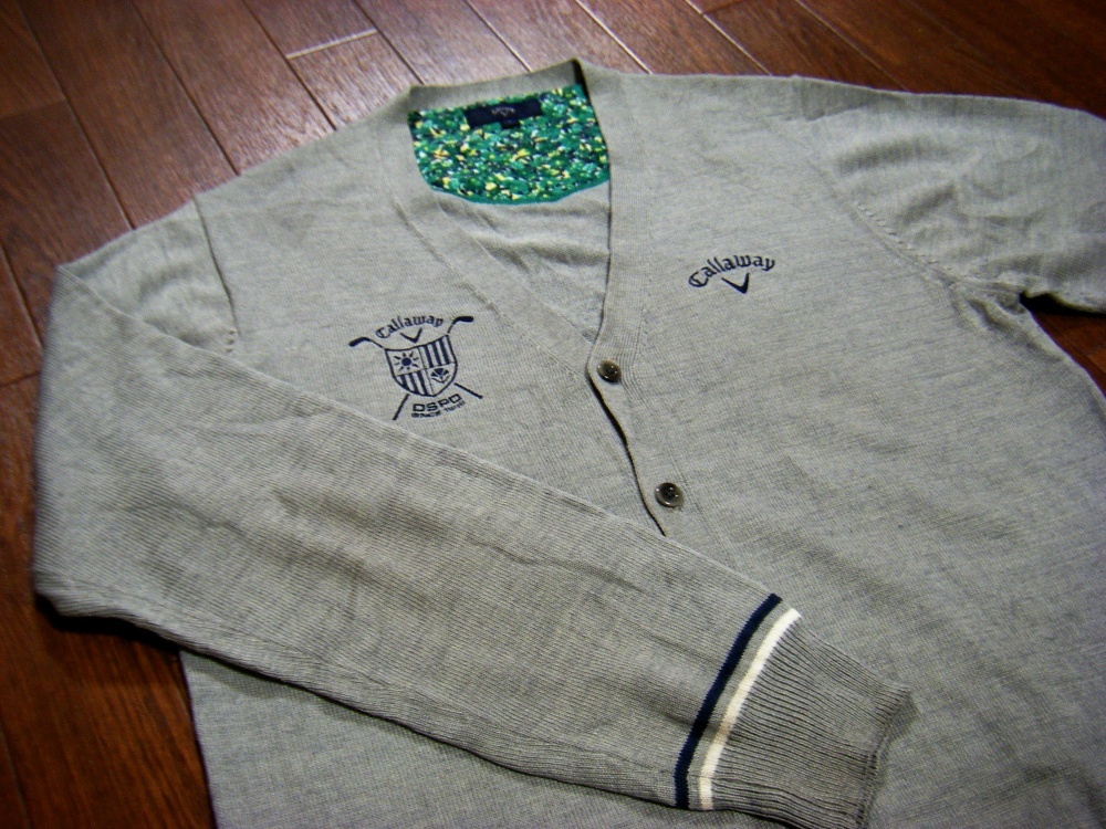 ウール混〇Callaway ニット カーデ L やや薄手 刺しゅうロゴ グレー同色濃淡_画像1