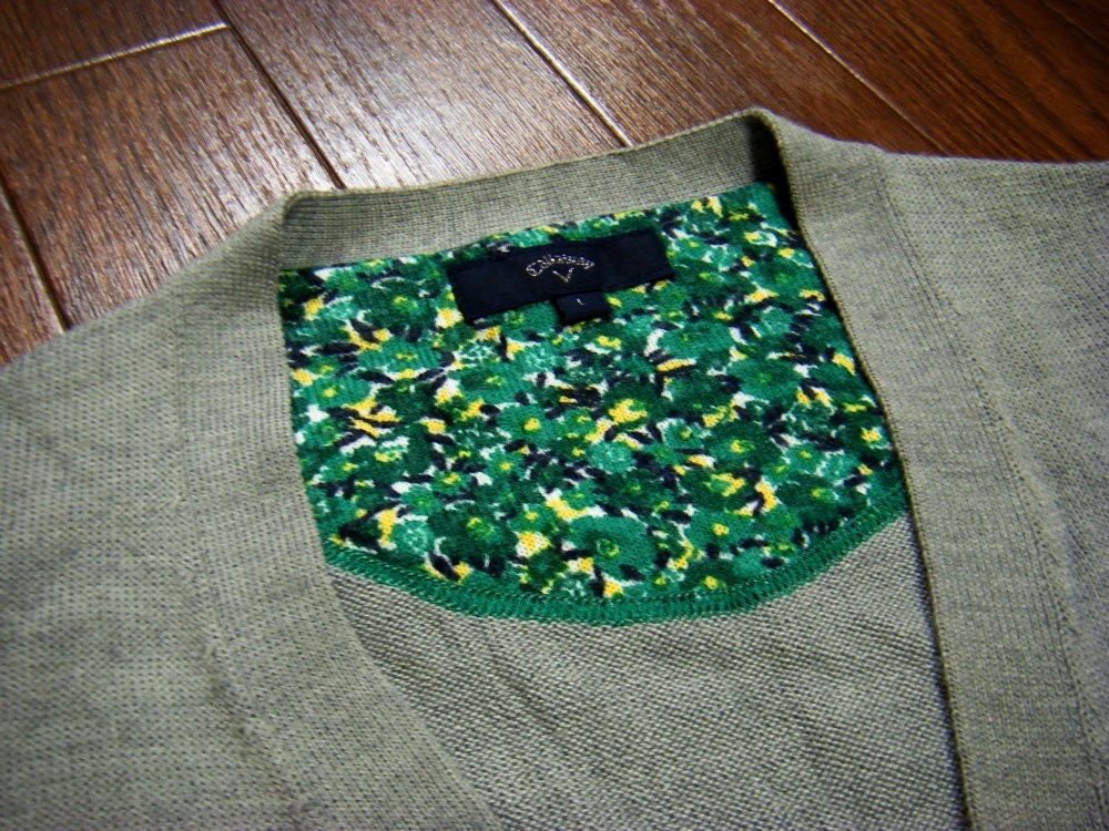 ウール混〇Callaway ニット カーデ L やや薄手 刺しゅうロゴ グレー同色濃淡_画像4