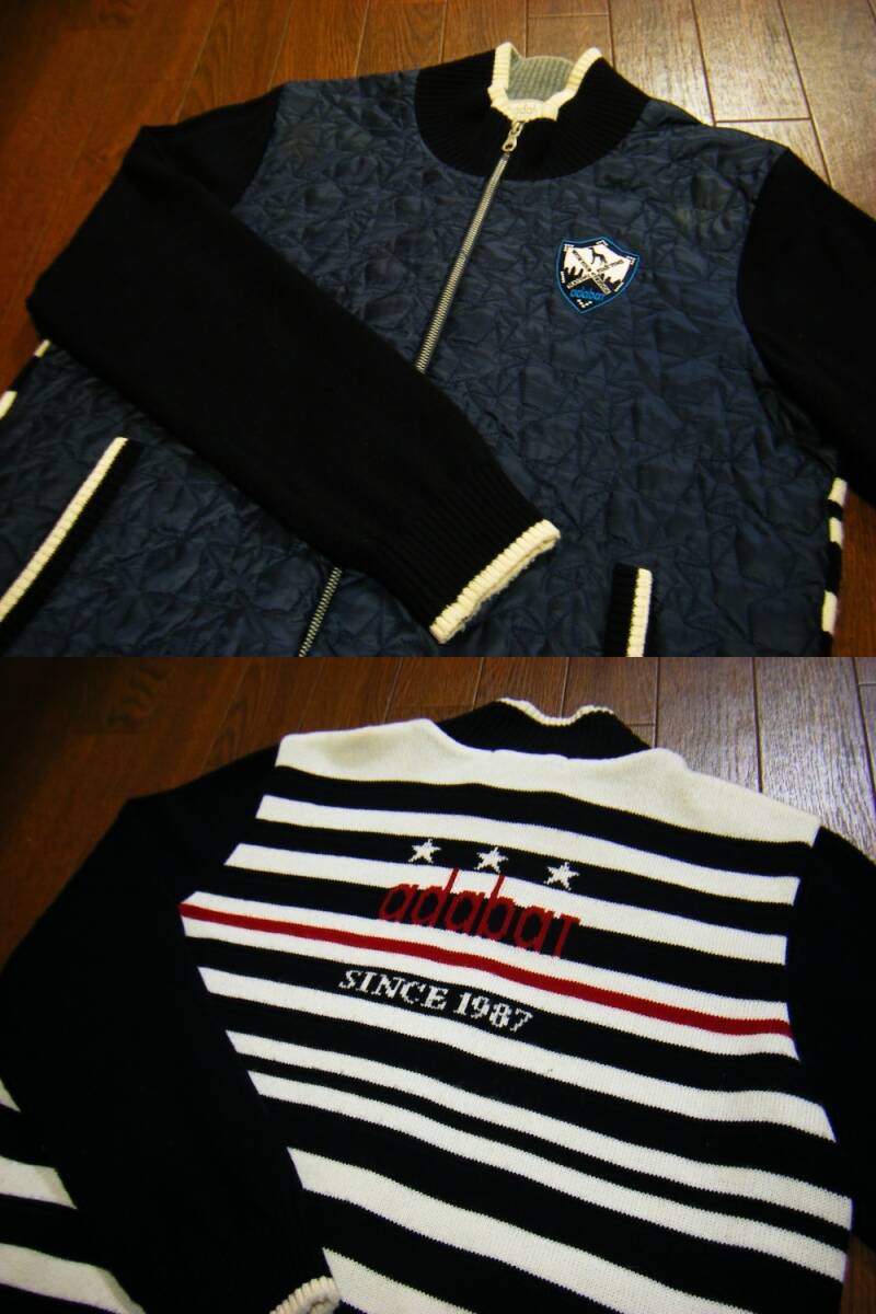 ウール混/良品〇adabat 防風 中綿入り ニット ブルゾン 48 (L) やや厚手 ブランドロゴ ネイビー_画像1