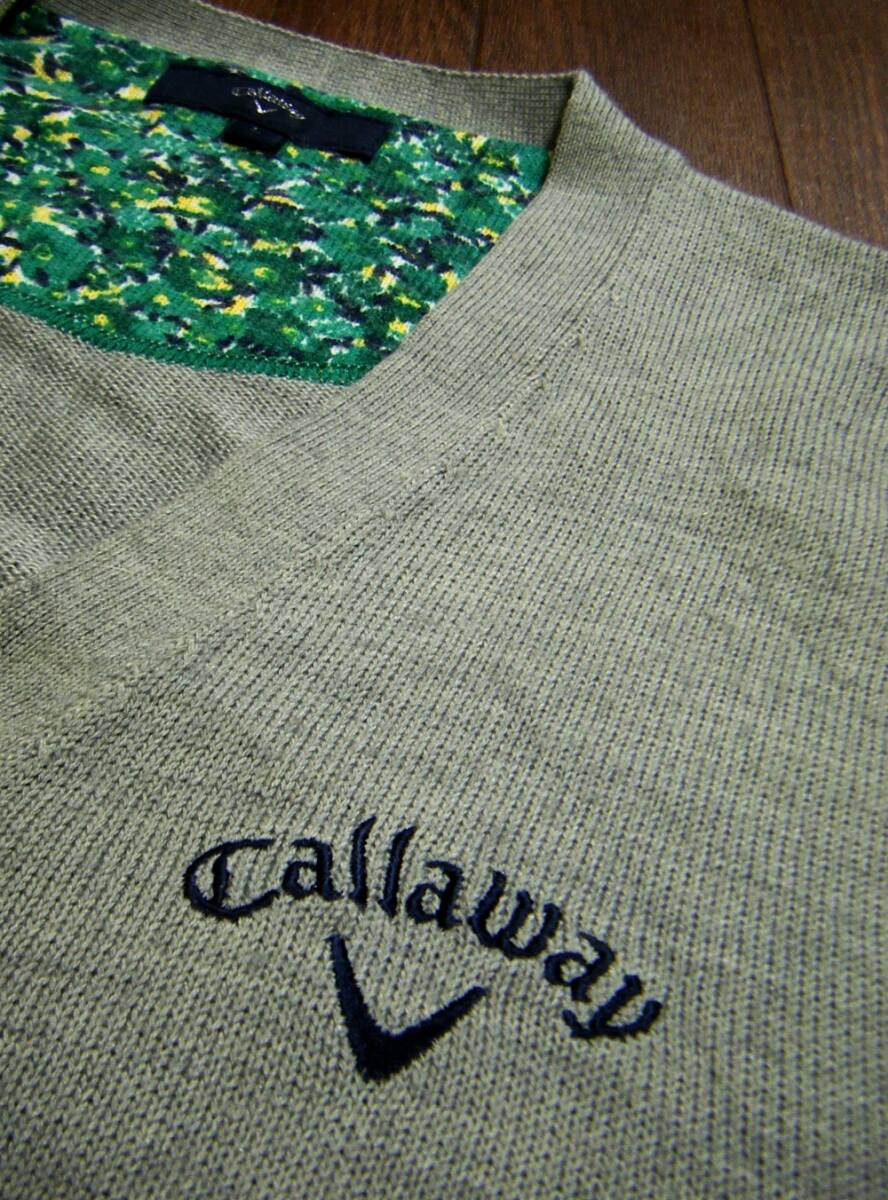 ウール混〇Callaway ニット カーデ L やや薄手 刺しゅうロゴ グレー同色濃淡_画像7