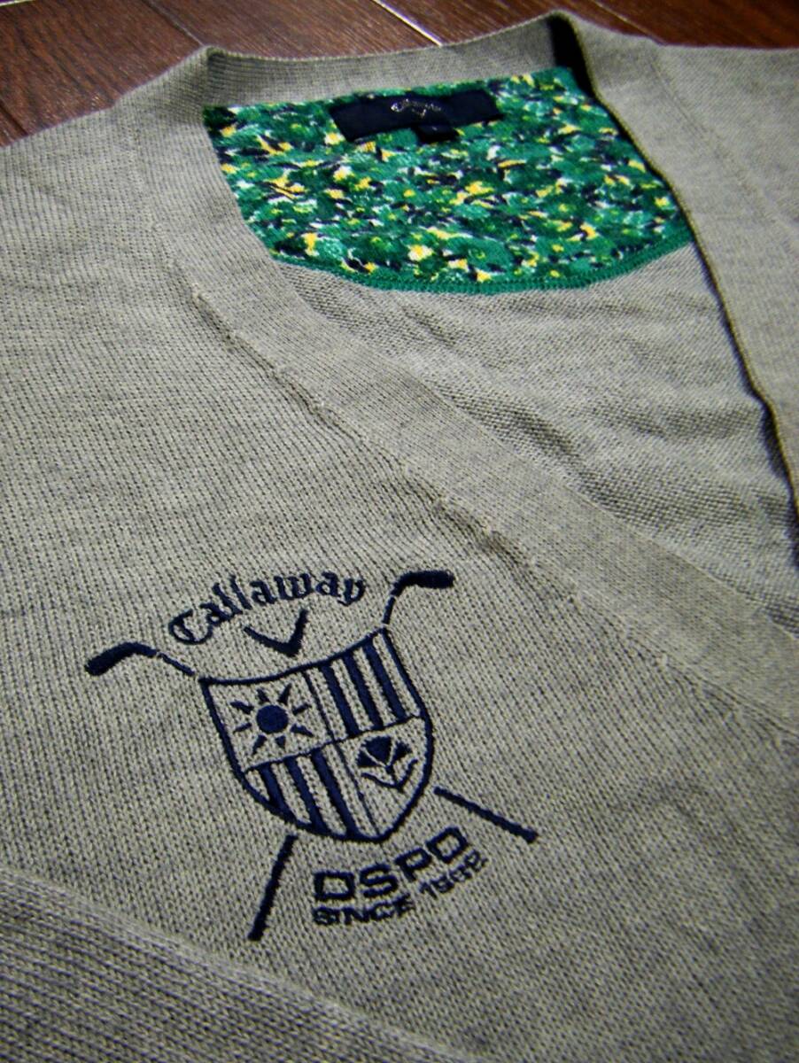 ウール混〇Callaway ニット カーデ L やや薄手 刺しゅうロゴ グレー同色濃淡_画像6