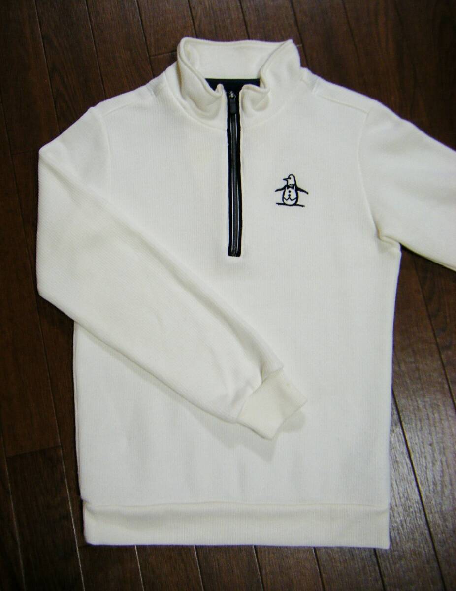 伸縮〇マンシング ニット プルオーバー M 厚手 裏起毛 ハーフジップ 刺しゅうロゴ 白色_画像2