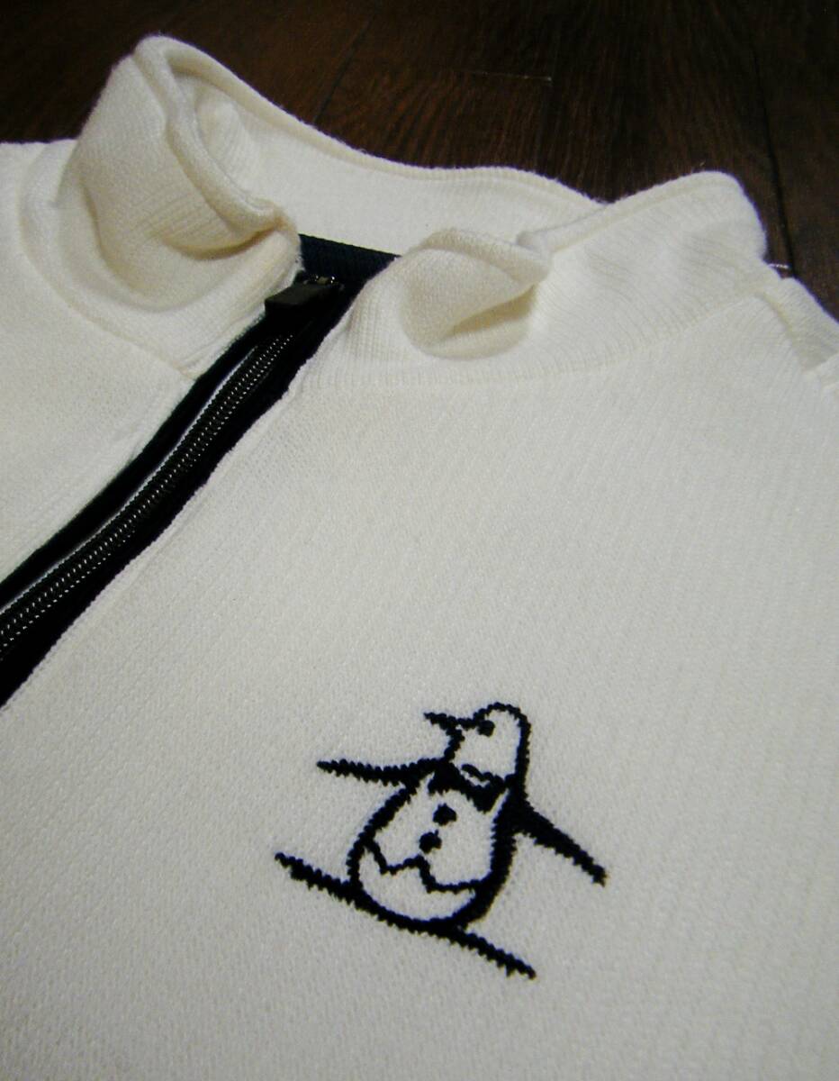 伸縮〇マンシング ニット プルオーバー M 厚手 裏起毛 ハーフジップ 刺しゅうロゴ 白色_画像6