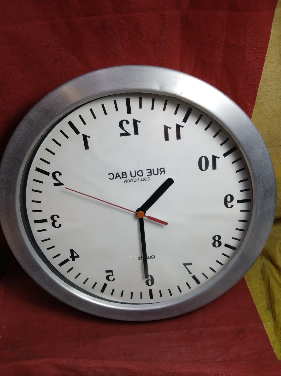 ★★RUE DU BAC 理髪店用 逆回り掛け時計★★動作確認済/ビンテージアルミケース/直径約 25cm/中古/所々に凹み有り/シンブル文字盤。