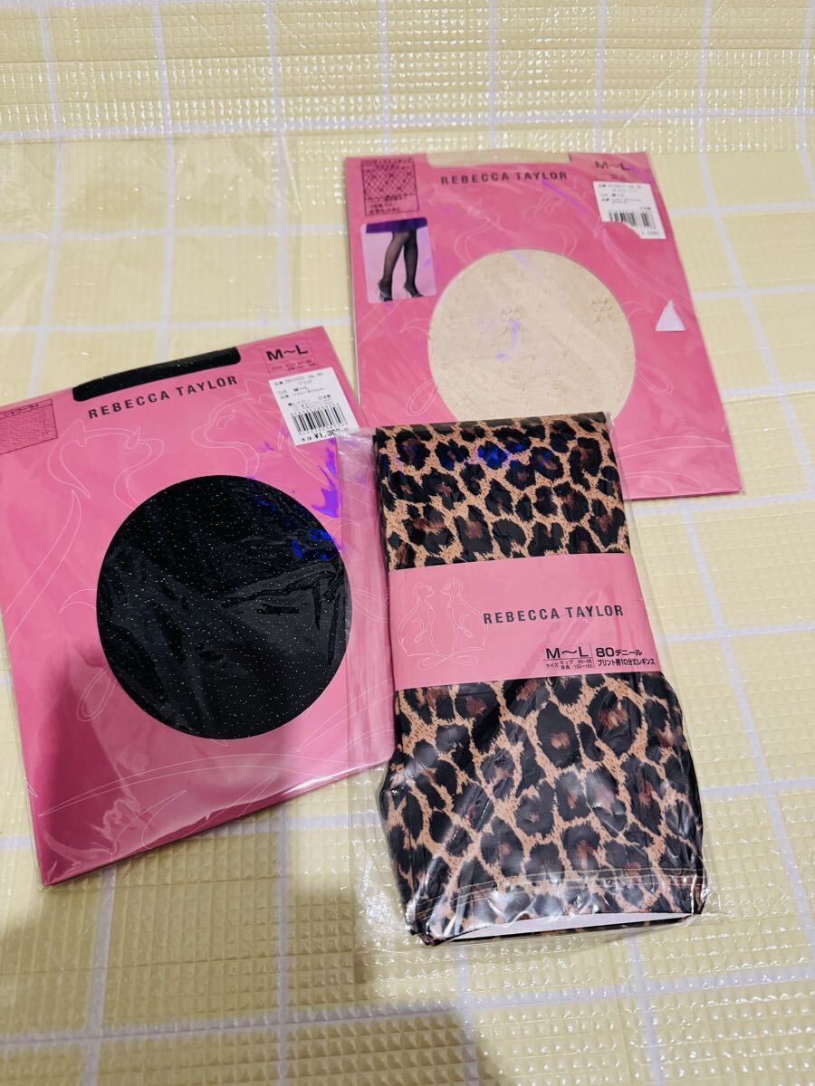 3足セット レベッカテイラー パンスト ストッキング ラメ リボン 黒 タイツ80デニール ヒョウ柄レギンス 10分丈 ML REBECCATAYLOR_画像1