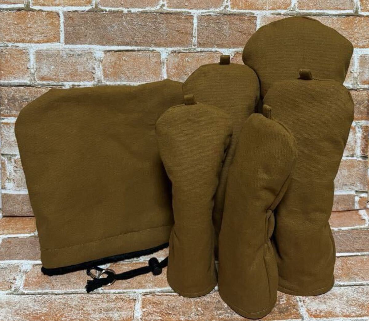 ゴルフ　ハンドメイド　ヘッドカバー　アイアンカバー　DR.FW.UT用　帆布生地(キャメル)　ボア生地　5点セット_画像1