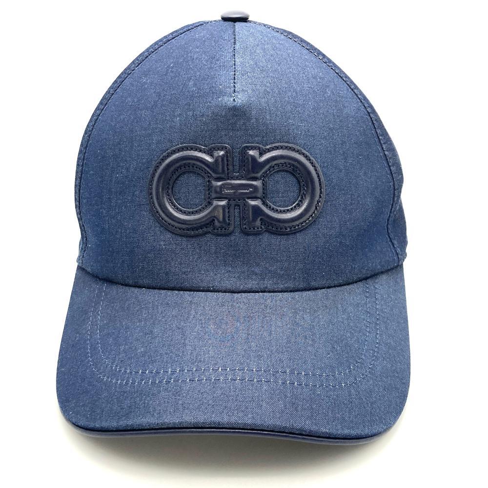 フェラガモ Ferragamo ガンチーニ レザーパッチ キャップ コットン ネイビー フリーサイズ_画像2