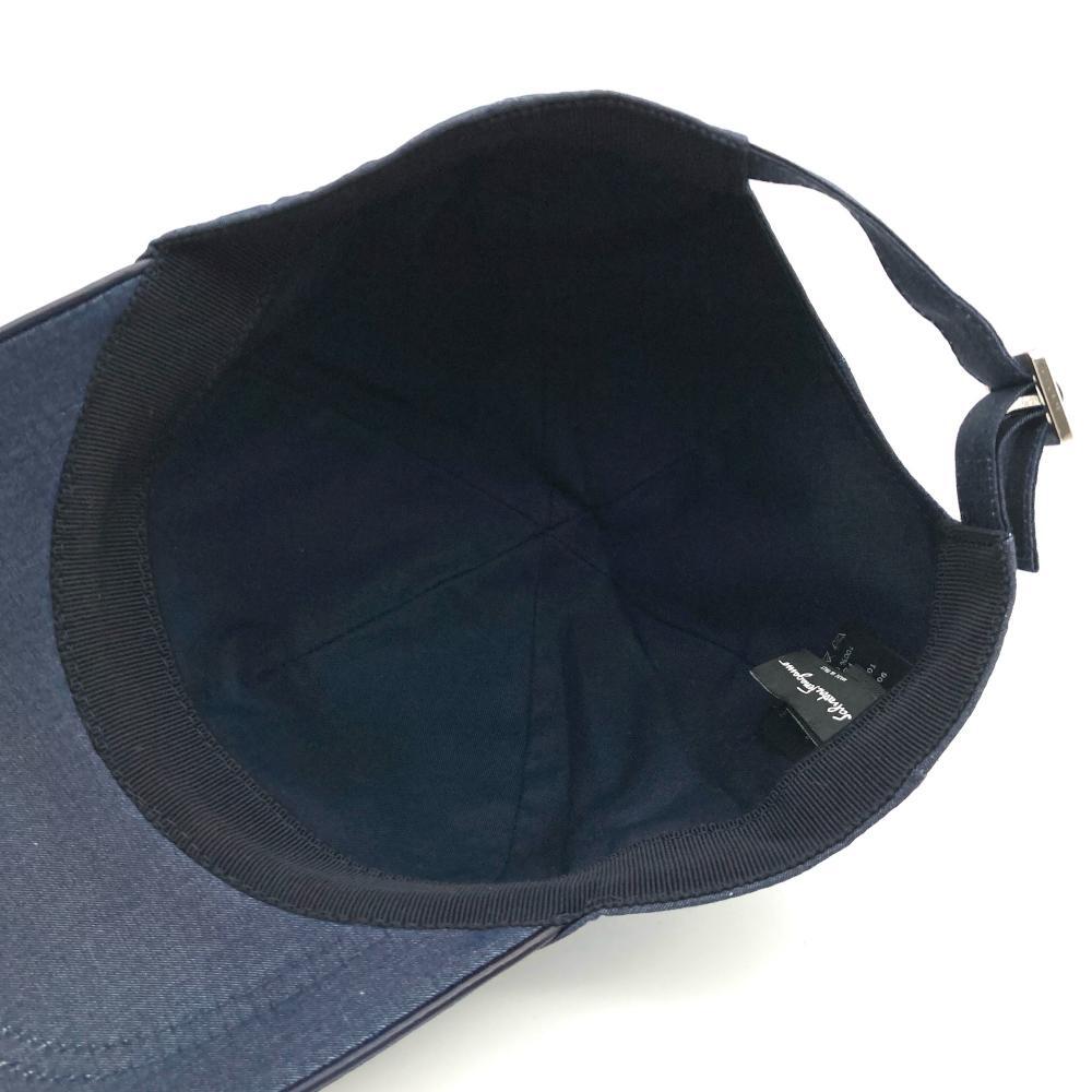 フェラガモ Ferragamo ガンチーニ レザーパッチ キャップ コットン ネイビー フリーサイズ_画像5