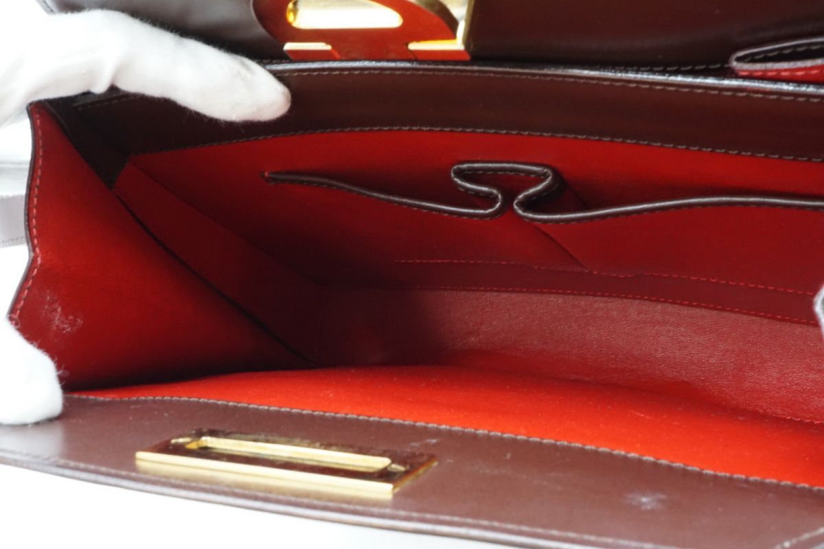 セリーヌ ヴィンテージ ショルダーバッグ ロゴ金具 内装赤 レザー ゴールド 茶 ブラウン CELINE 4208h_画像9