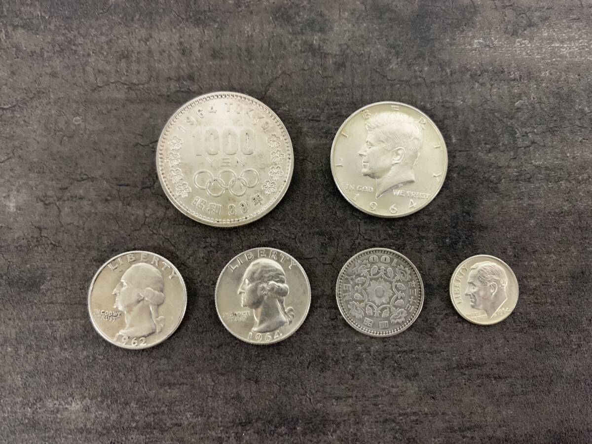 【1007y A3676】 コイン 銀貨まとめ売り 総重量約52g 東京オリンピック ケネディハーフダラー ワシントン25セント 1ダイム 鳳凰100円_画像1