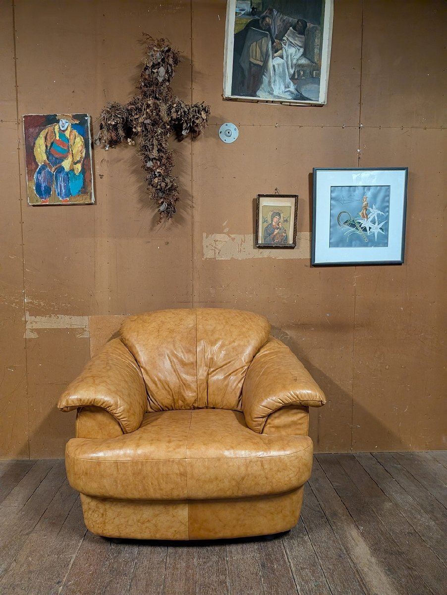 イタリア製 クラッシック 1P ソファ ブラウン 茶色/アンティーク ビンテージ ヴィンテージ フェイクレザー_画像1