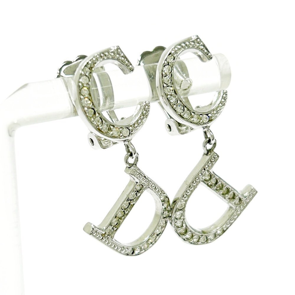 【1円スタート】Christian Dior クリスチャンディオール メタル ラインストーン CDロゴ シルバー イヤリング 509800_画像3
