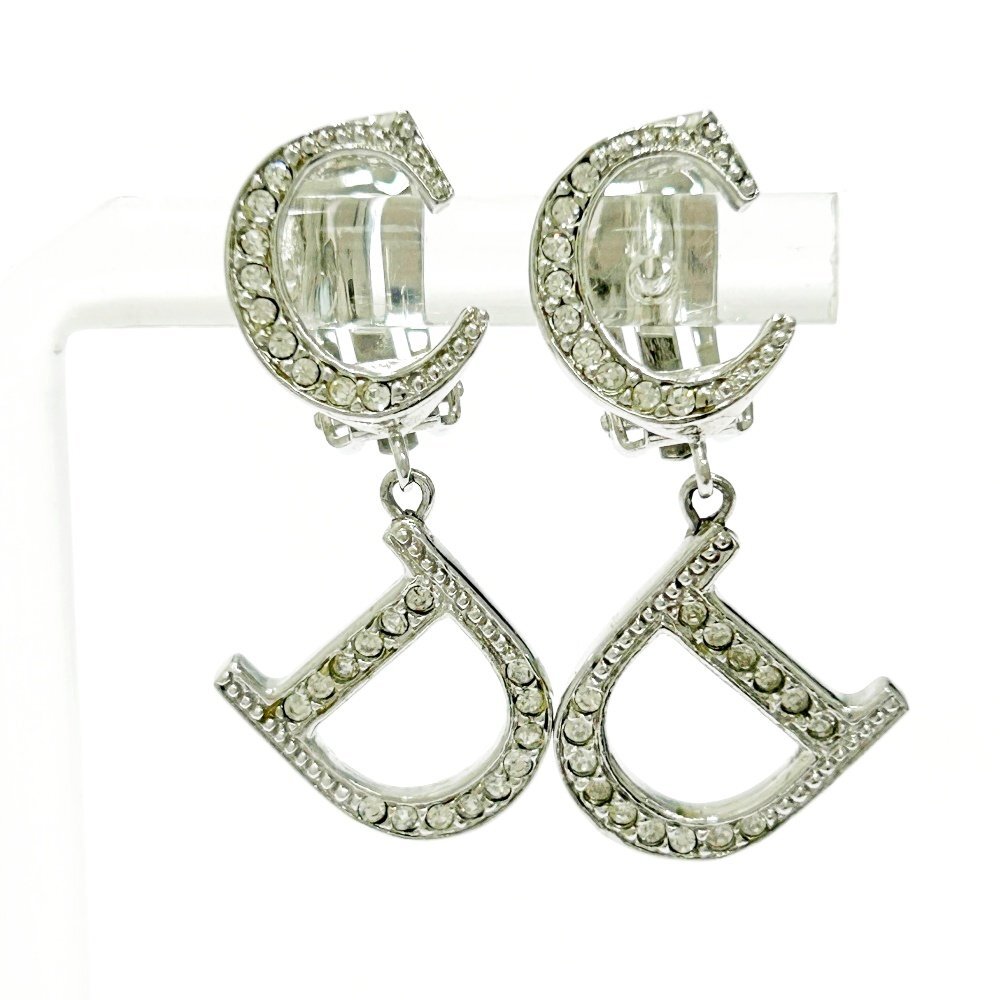 【1円スタート】Christian Dior クリスチャンディオール メタル ラインストーン CDロゴ シルバー イヤリング 509800_画像1