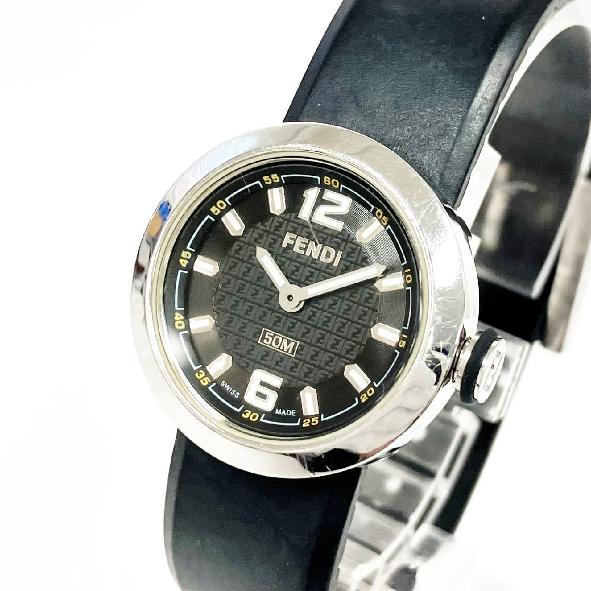 【1円スタート】FENDI フェンディ 8010L SS×ラバー ブラック文字盤 クオーツ レディース腕時計 505938_画像1