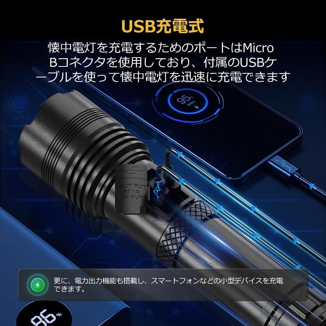 懐中電灯 強力超高輝度 5000mAh 軍用 USB充電式 2台セット_画像4
