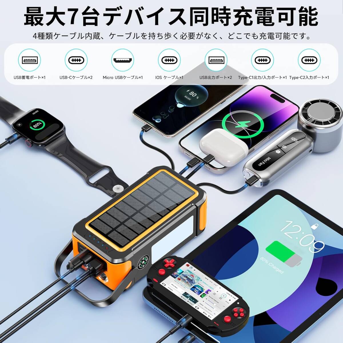 【新登場 & 80000mAh大容量 METI認証済み 】 ソーラーモバイルバッテリー 手回し充電 22.5W/PD18W 3A急速充電_画像6
