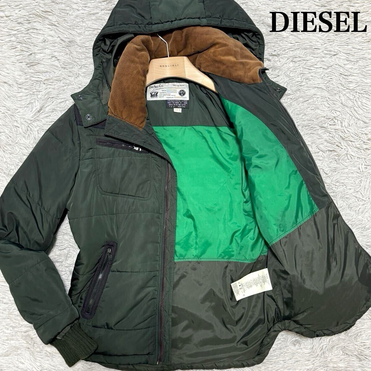 希少L 極美品 DIESEL 切替 フード着脱可 2way ダウンジャケット 中綿 グリーン 襟コーデュロイ ディーゼル 肉厚 モコモコ 極暖◎ 秋冬◎_画像1
