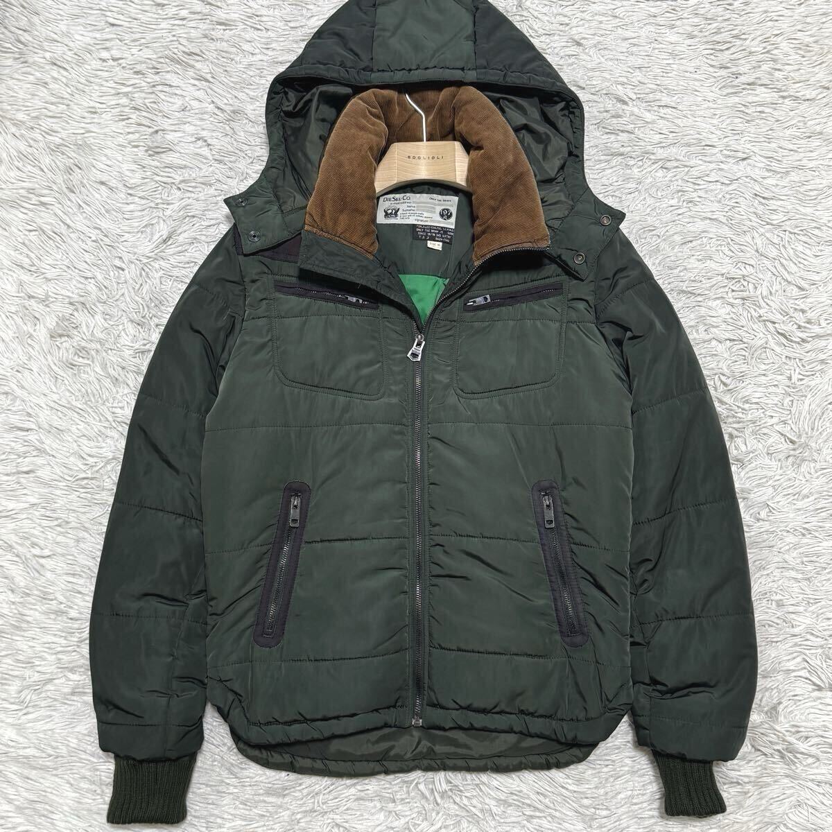希少L 極美品 DIESEL 切替 フード着脱可 2way ダウンジャケット 中綿 グリーン 襟コーデュロイ ディーゼル 肉厚 モコモコ 極暖◎ 秋冬◎_画像2