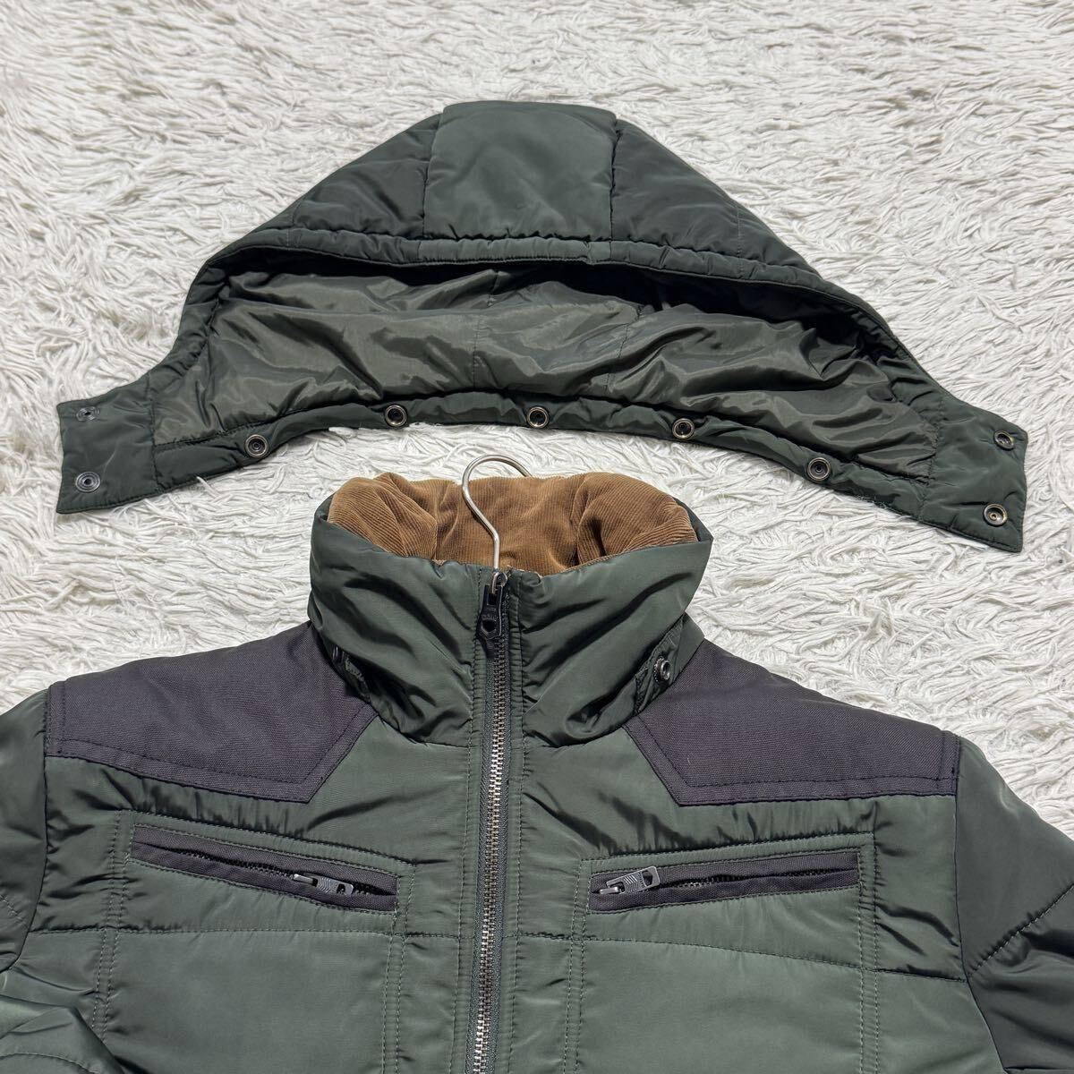 希少L 極美品 DIESEL 切替 フード着脱可 2way ダウンジャケット 中綿 グリーン 襟コーデュロイ ディーゼル 肉厚 モコモコ 極暖◎ 秋冬◎_画像4