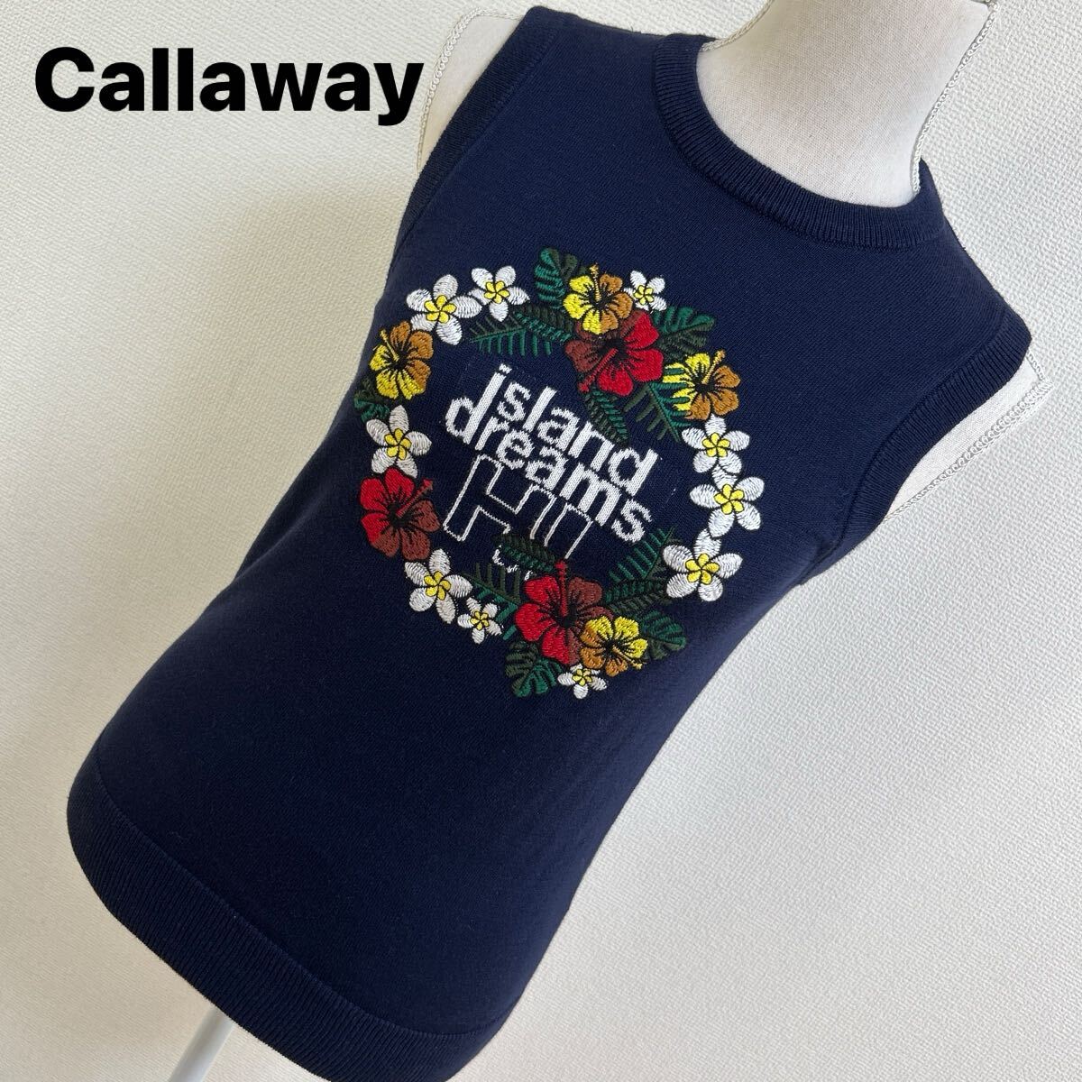 美品　Callaway キャロウェイ　ニットベスト　M レディース　ゴルフベスト 花柄 刺繍　ネイビー　紺色　ゴルフウェア　丸首 トップス_画像1