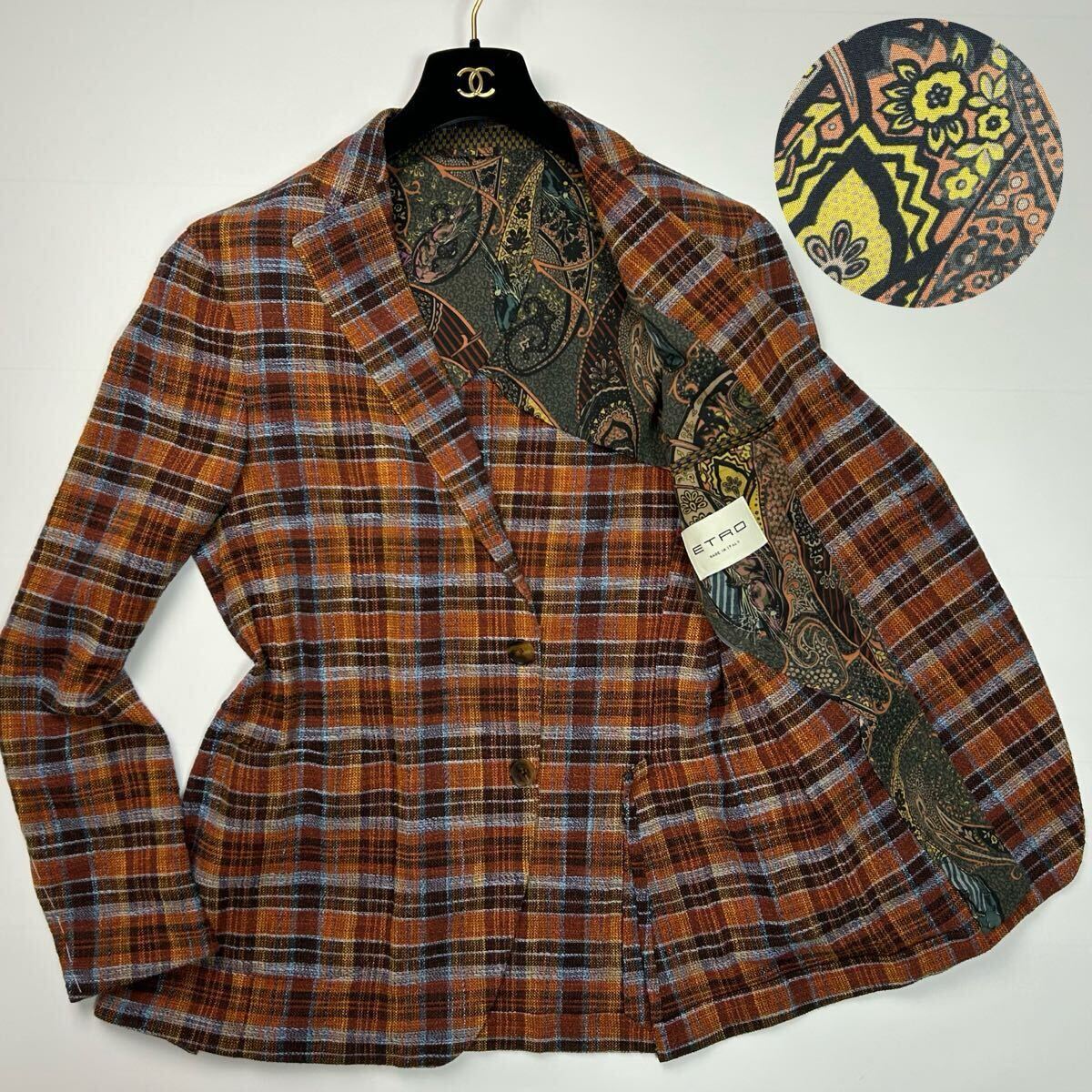美品★ XLサイズ ETRO エトロ テーラードジャケット 裏地 ペイズリー 総柄 イタリア製 チェック カジュアル 最高級 ジャケット 背抜き _画像1