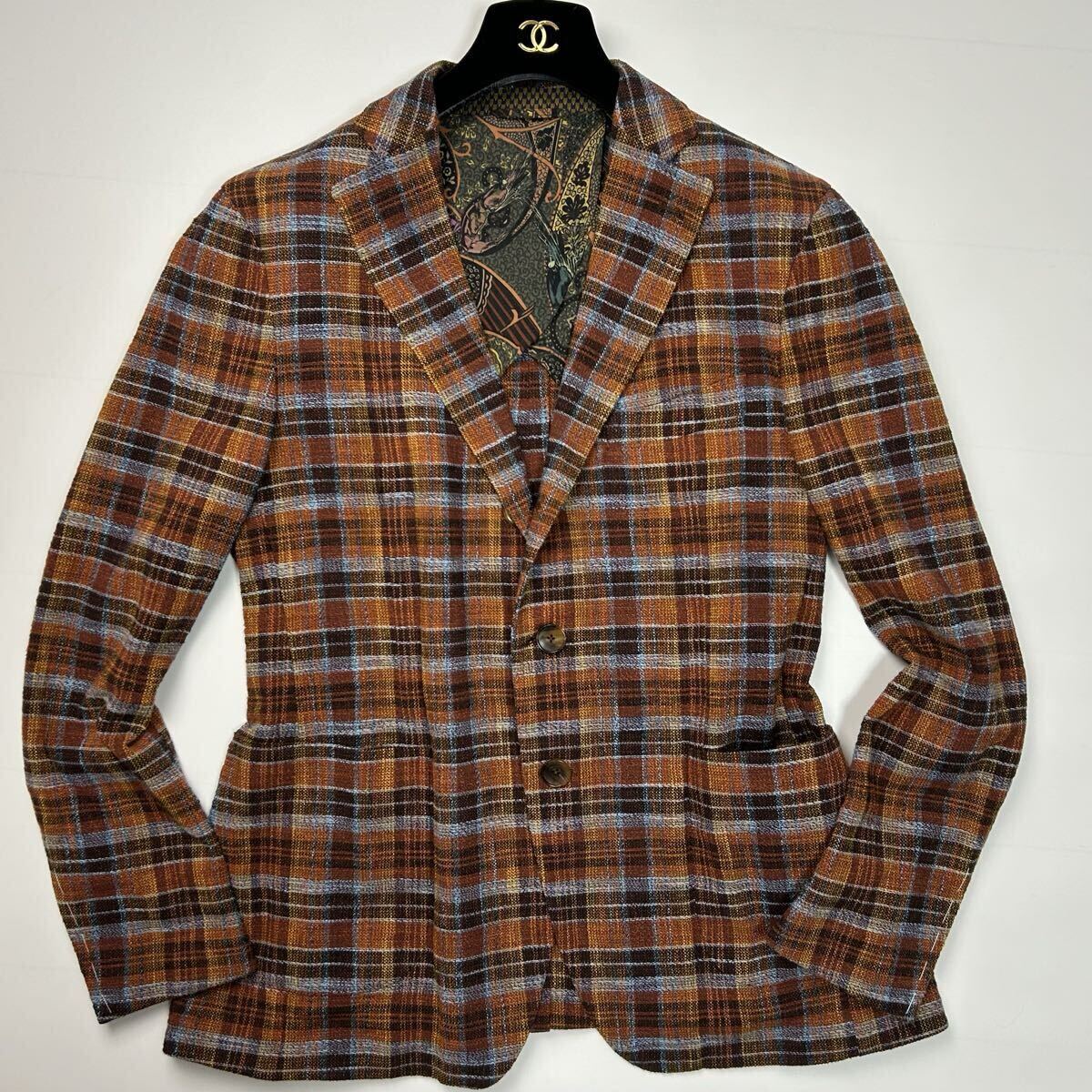 美品★ XLサイズ ETRO エトロ テーラードジャケット 裏地 ペイズリー 総柄 イタリア製 チェック カジュアル 最高級 ジャケット 背抜き _画像2