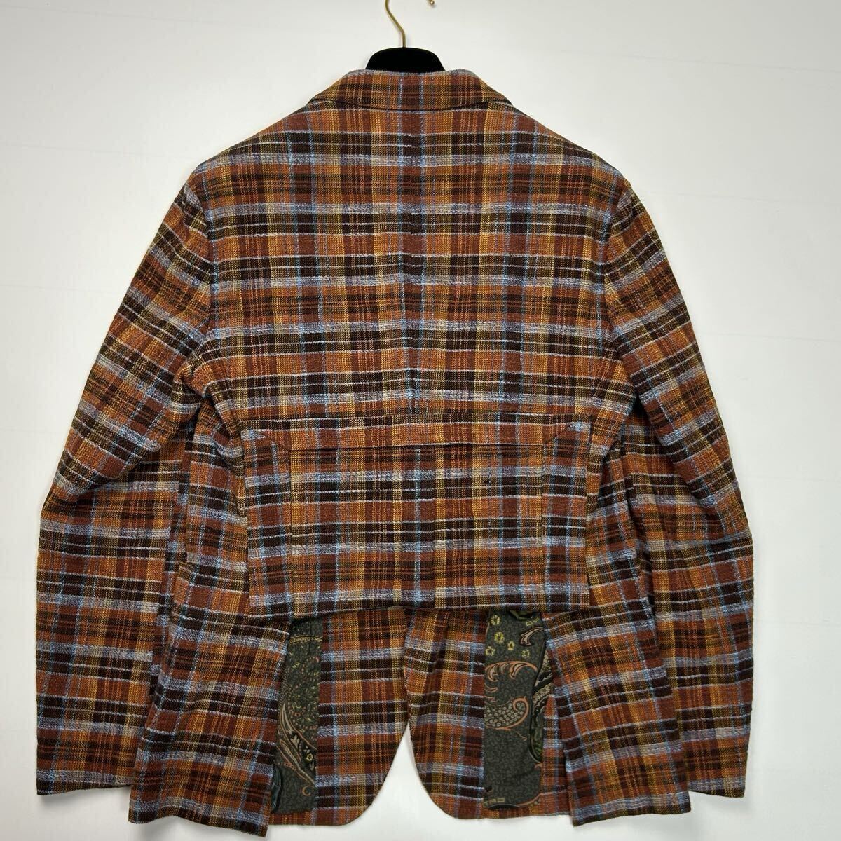 美品★ XLサイズ ETRO エトロ テーラードジャケット 裏地 ペイズリー 総柄 イタリア製 チェック カジュアル 最高級 ジャケット 背抜き _画像3