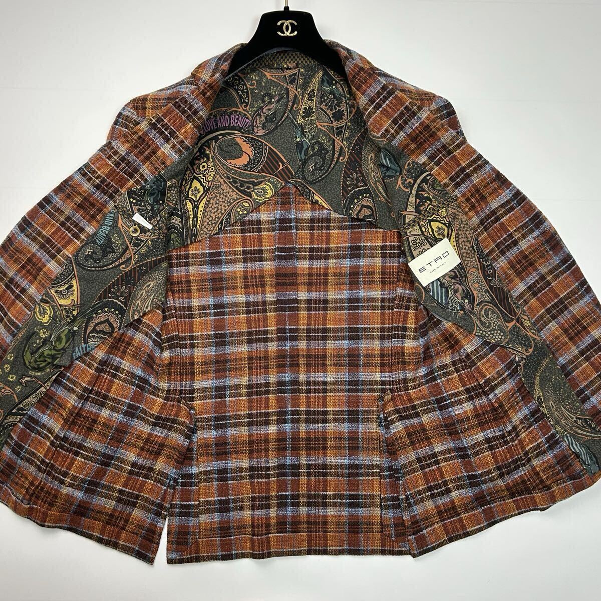 美品★ XLサイズ ETRO エトロ テーラードジャケット 裏地 ペイズリー 総柄 イタリア製 チェック カジュアル 最高級 ジャケット 背抜き _画像4