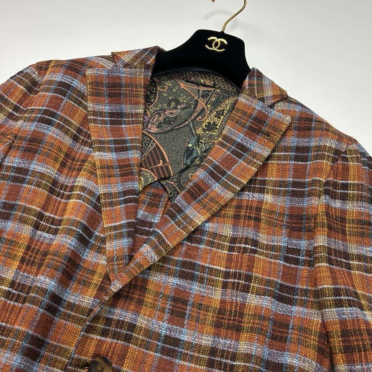 美品★ XLサイズ ETRO エトロ テーラードジャケット 裏地 ペイズリー 総柄 イタリア製 チェック カジュアル 最高級 ジャケット 背抜き _画像5