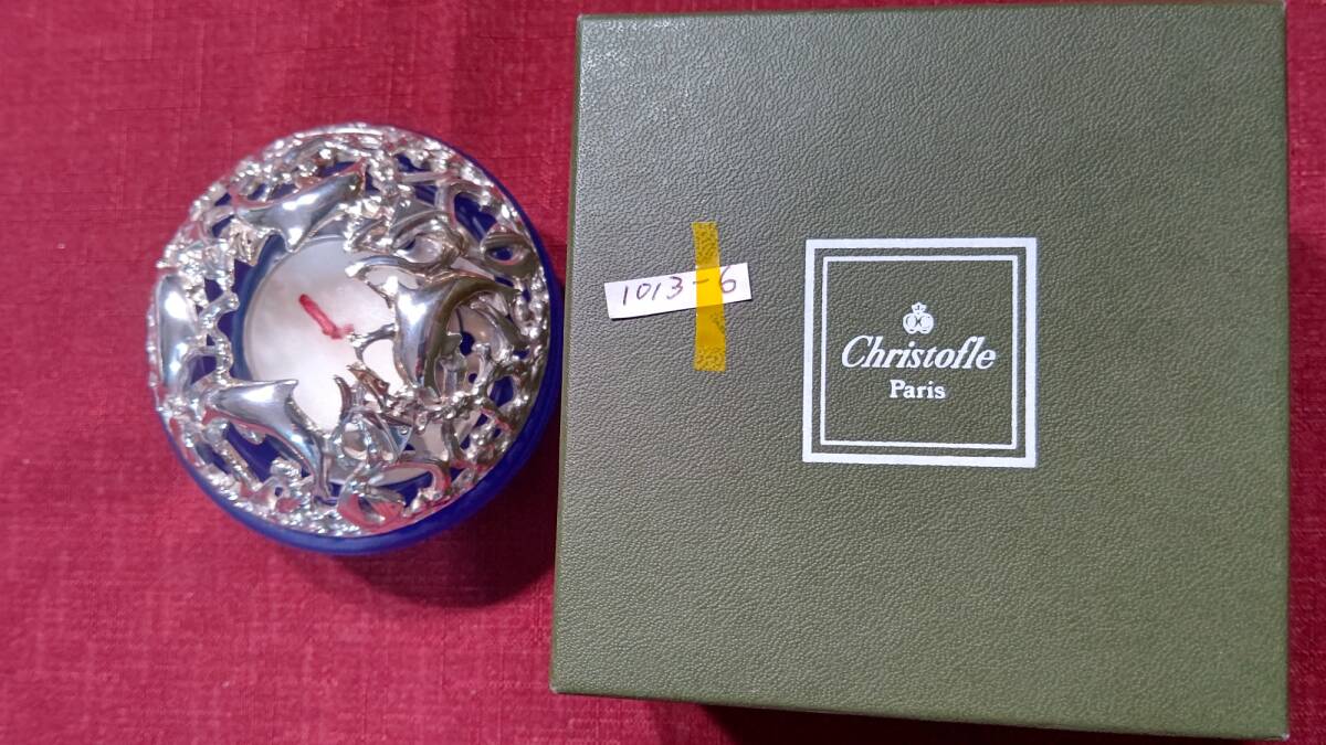 1013-6 フランス製 クリストフル Christofle シルバーコーティング キャンドルホルダー イルカモチーフ ろうそく付き 箱上蓋のみ下部欠品_画像1