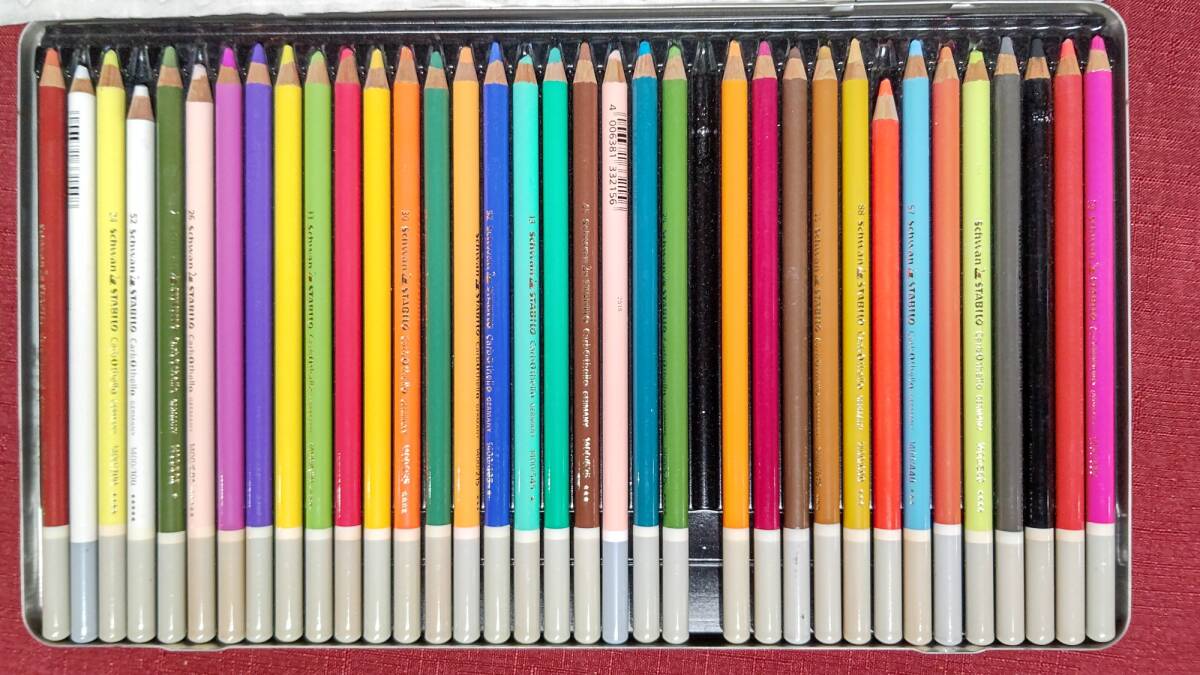 1022-1 当時物 ヴィンテージ 旧西独製 STABILO 1436 旧デザイン缶ケース入り 水彩色鉛筆 カーブオテロ 35色(36色の1本欠品)使用品_画像6