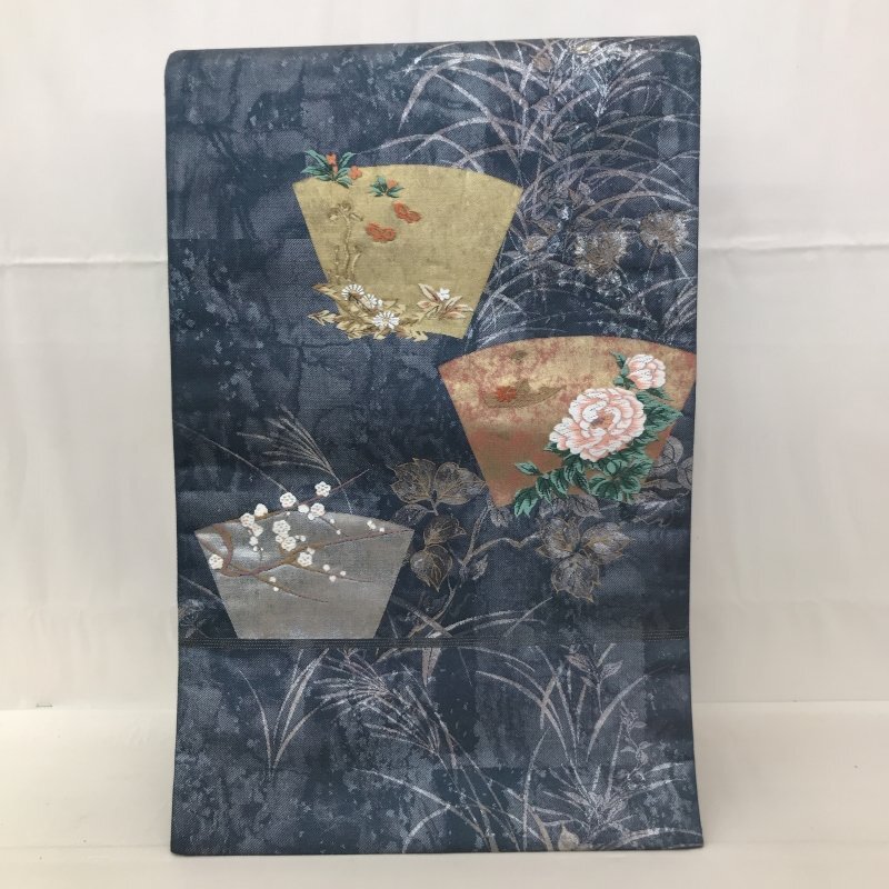 袋帯 六通 草集扇面文 牡丹 梅 蝶 青系 シルバー 着物 和装 幅 約３０．５ｃｍ 全長 約４３２ｃｍ 着物/255