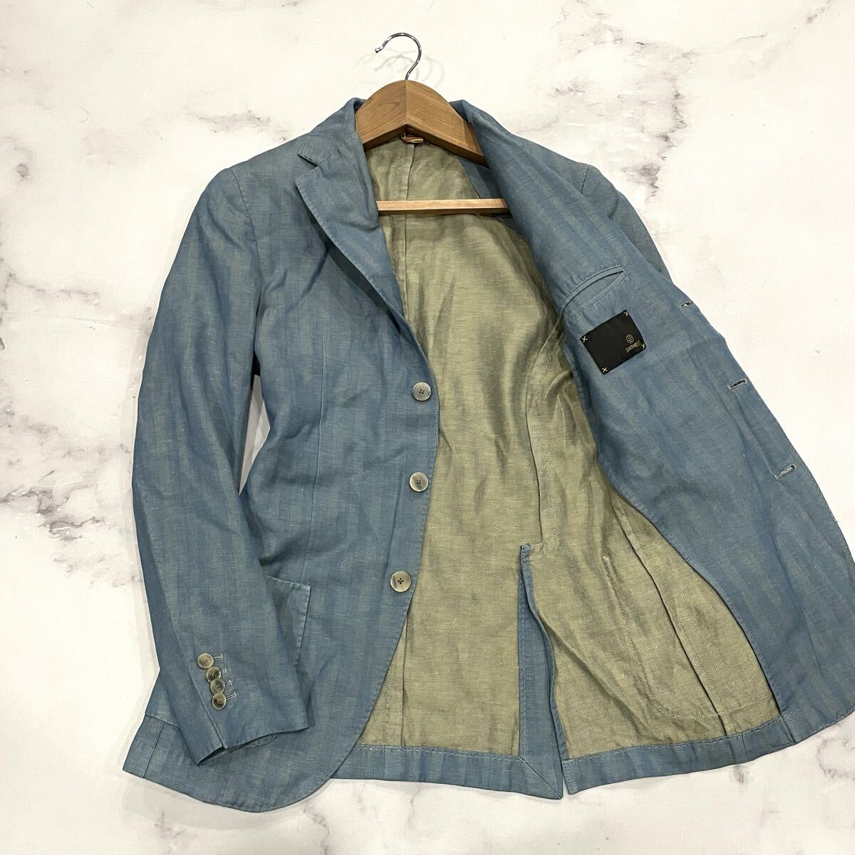 AC ○ 高品質 '洗練されたデザイン' SANTANIELLO サンタニエッロ ウール リネン テーラードジャケット 44 メンズ アウター 紳士服 ブルー系_画像1