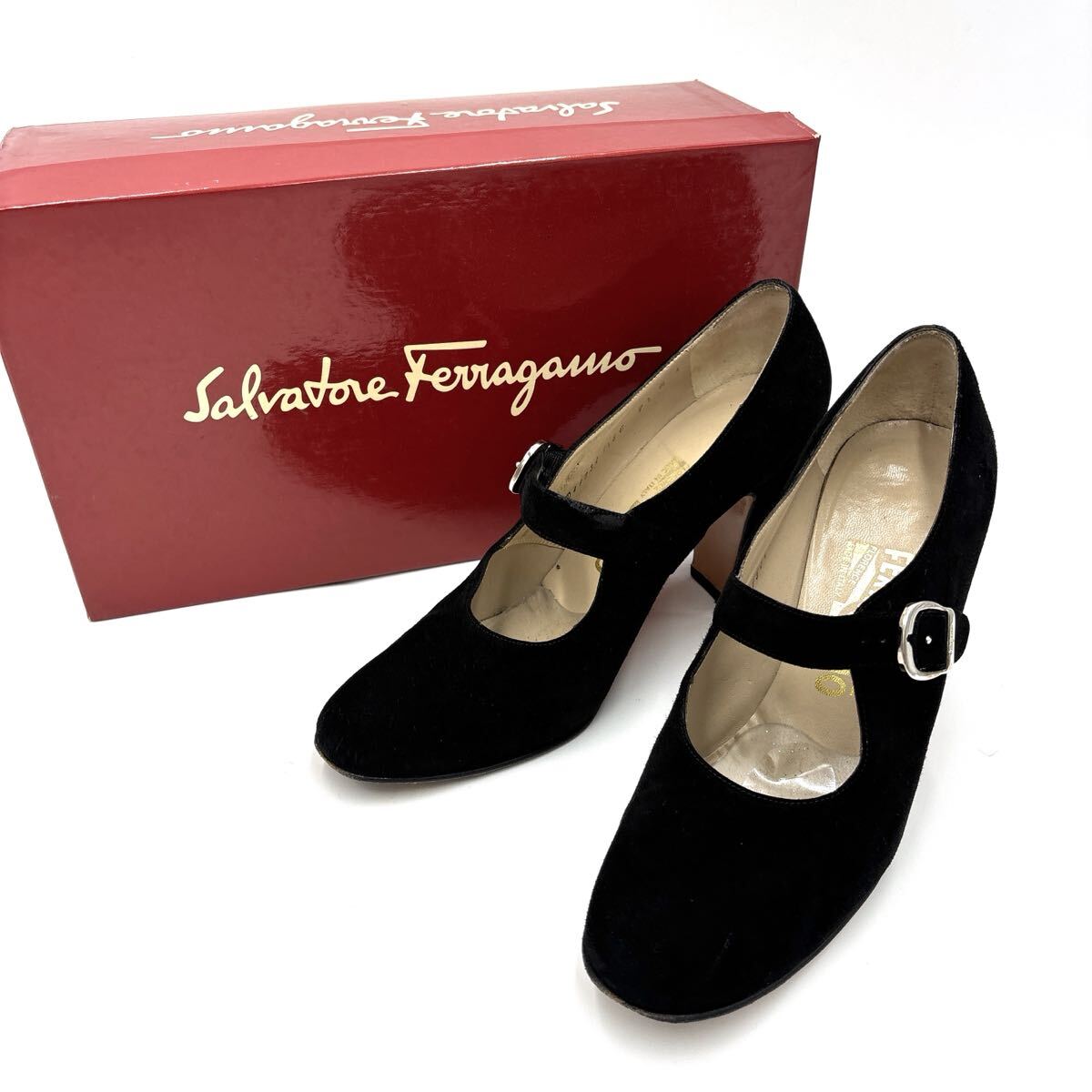 ＊ 箱付き イタリア製 '高級婦人靴' Salvatore Ferragamo サルヴァトーレフェラガモ 本革 メリージェーン / ヒール パンプス 7.5B 24.5cm_画像1