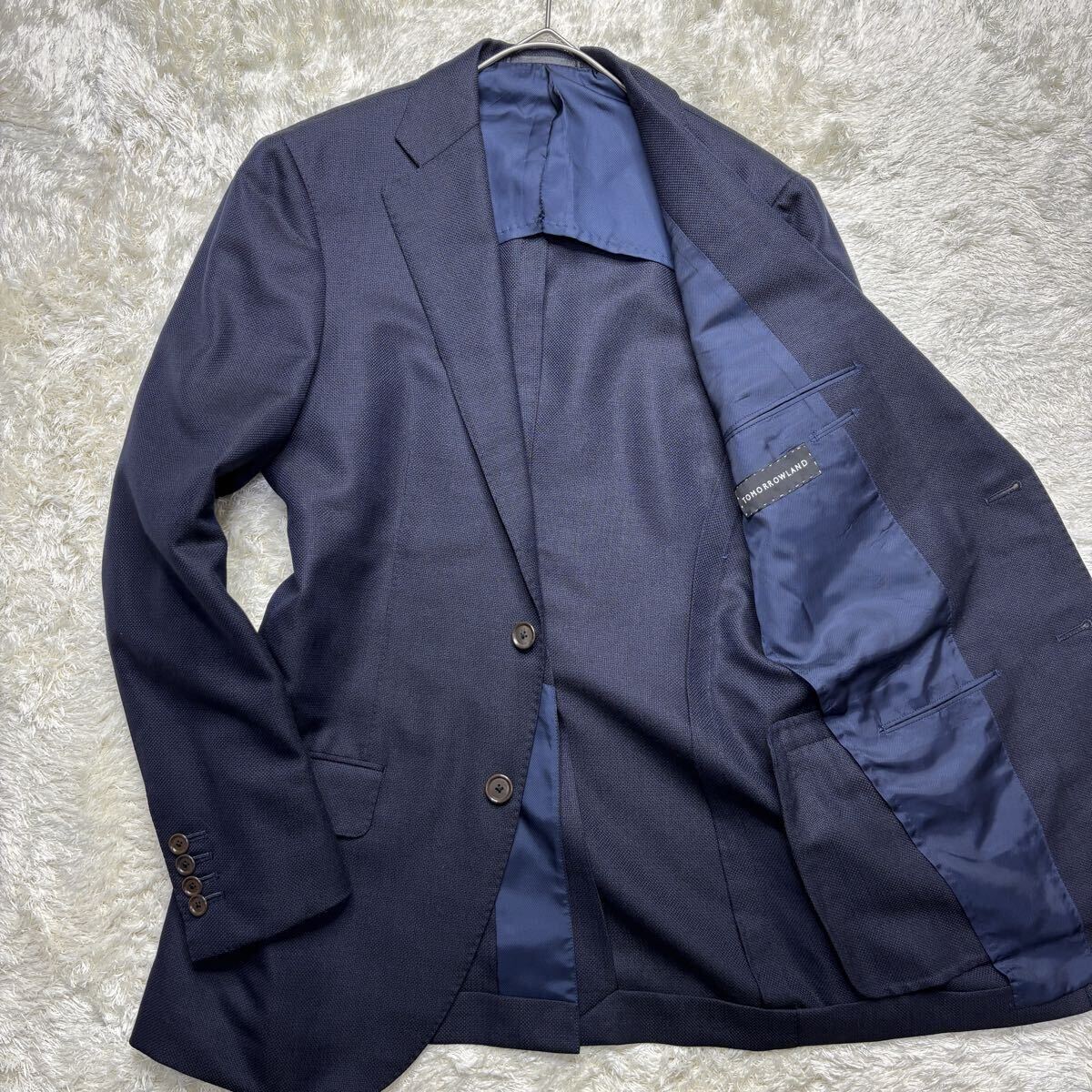TOMORROWLAND トゥモローランド テーラードジャケット 2B アンコン 三者混 シルク 微光沢 本切羽 背抜き ネイビー 46 M相当_画像1