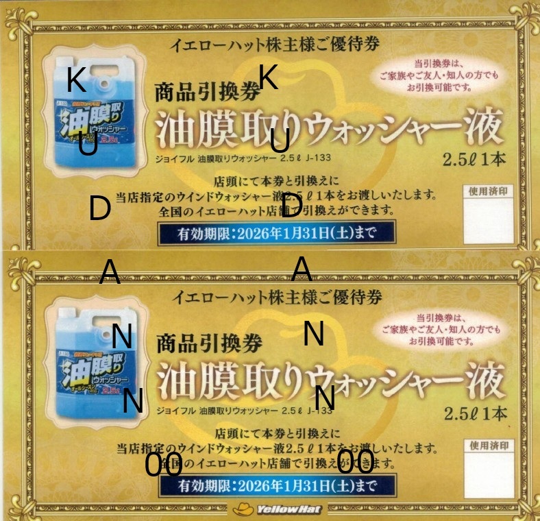 【送料込み】イエローハット株主様お買物割引券6,000円分（300円券×10枚×2冊(cè)）＋油膜取りウォッシャー液引換券2枚セット
