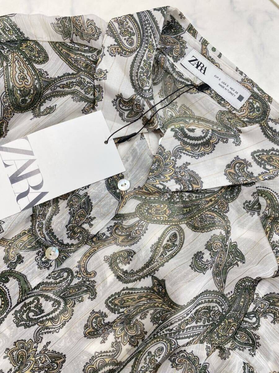 ZARA ザラ★タグ付き未使用★大人素敵★金糸入り ペイズリープリント 総柄 シフォン シャツ ブラウス★カーキ×白系 Sサイズ 1010_画像2